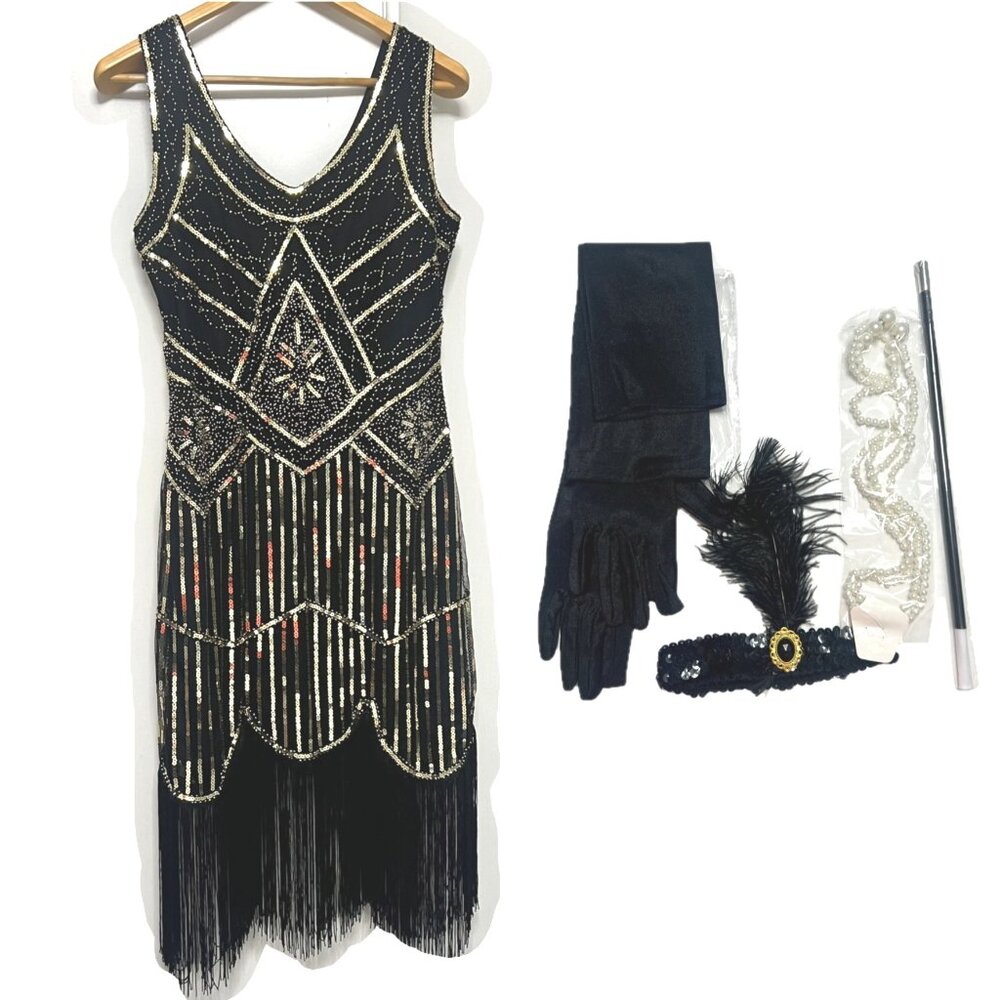 Flapper Costume Set Size Medium Gold and Black Sequins  Costume Set Size Medium